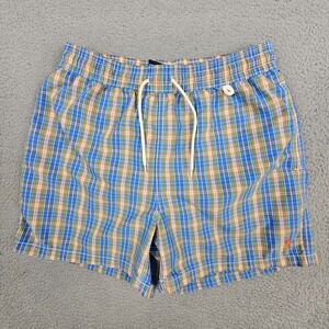 Polo Ralph Lauren Swim Trunks Men Medium Blue Orange Plaid Drawstring Preppy